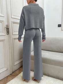 EURMUSE Korean Style Ribbed Polo Collar Knit Cardigan With Metal Buttons, 2pcs Set For Slouchy Chic - Light Grey - View 6