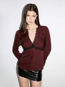 TRNVIE 1 Pc Burgundy Office Commuter Mermaid Chic Striped Print Deep V-Neck Lace Insert Fitted Long Sleeve Blouse, Autumn/Winter Women Shirt Fall Cloth For Women