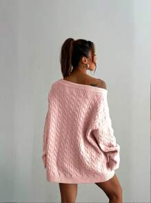 SHEIN Unity Women Autumn/Winter Vintage Loose Dropped Shoulder Oatmeal Thick Knit Sweater, Casual Street Wear Knit Pullover Fall Sweater - Pink - View 2