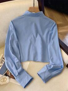 SHEIN PETITE 女式条纹宽松休闲衬衫（带口袋），春夏 - 藍白色 - 查看 2