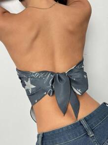 INAWLY Sexy Letter Print Backless Strap Cami Top - Dark Green - View 2