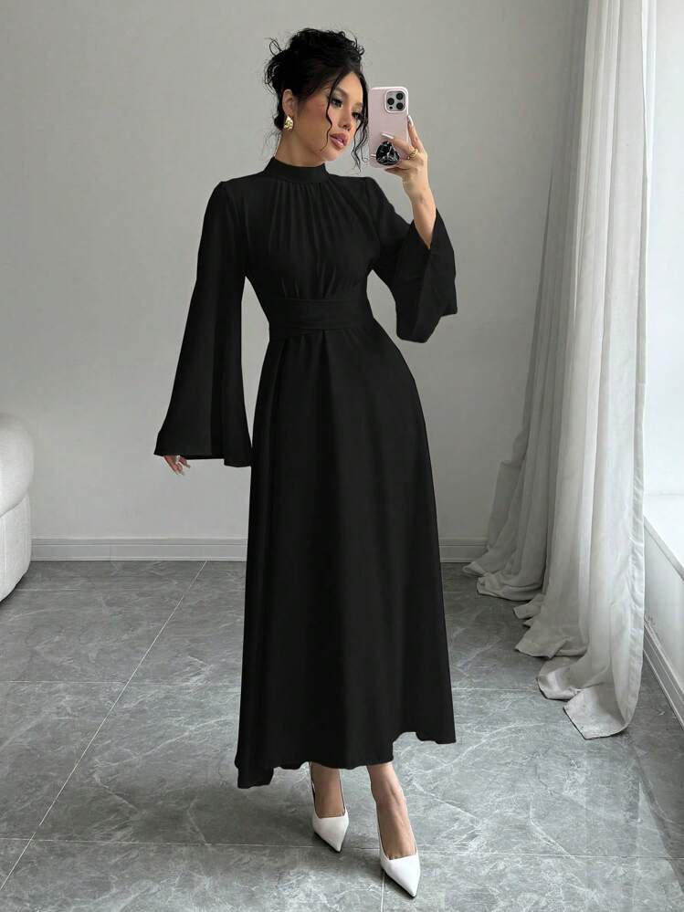 SHEIN Raffinéa Women's Plain Collar Long Sleeve Simple Casual Long Dress Maxi Women Outfit Fall Cloth For Women - Black - View 5