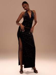 MUSERA Falda larga asimétrica con pliegues en la cintura y abertura en el muslo, elegante para verano, vacaciones, Año Nuevo, fiestas de Navidad y eventos - Negro - Ver 1