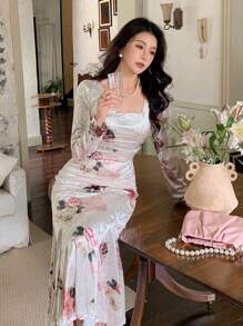 DAZY Women Velvet Casual Dress, Spring/Fall,Ruffle Long Sleeve Dress Floral - Multicolor - View 2