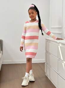 SHEIN Tween Girls' Loose Casual Minimalist Comfy Crew Neck Pullover Colorful Striped Sweater Dress