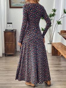 SHEIN LUNE 女士 V 领长袖全印花休闲长裙 - 彩色 - 查看 2