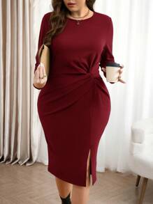 SHEIN LUNE 长袖连衣裙大码橄榄绿休闲纯色长袖开衩扭纹中长连衣裙，秋冬大码秋季服装