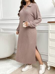 SHEIN LUNE 大码柔软舒适面料长裙感恩节服装女装新年女装冬季服装冬季服装女装狂欢服装女装冬季服装女装冬季服装 - 粉色 - 查看 4