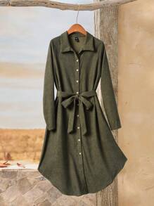 Rusticease Váy sơ mi nhung kẻ cho nữ, cài nút, Thu/Đông - Màu xanh Ô liu - Xem 1