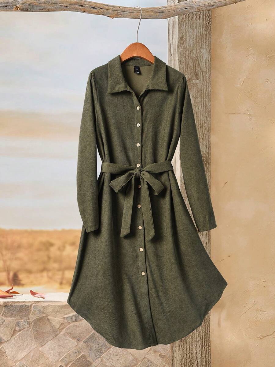 Rusticease Váy sơ mi nhung kẻ cho nữ, cài nút, Thu/Đông - Màu xanh Ô liu - Xem 1