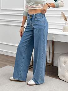 SHEIN LUNE 女式前扣口袋简约牛仔裤，休闲日常穿着