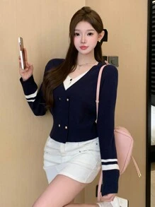 DAZY 1pc Women Contrast Color Splicing Front Button Design Long Sleeve Casual Top, Daily Wear,Fall Clothes Women Sweater - Navy Blue - View 8