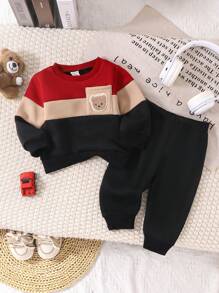 SHEIN Playful Pals 男宝宝秋冬休闲拼色熊印花卫衣和运动裤套装