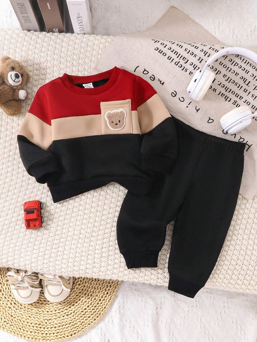 SHEIN Playful Pals 男宝宝秋冬休闲拼色熊印花卫衣和运动裤套装