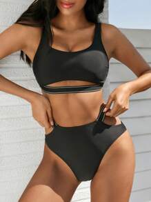 Swim SPRTY 2pcs Women Casual Sports Outdoor Workout Black Racerback Bikini Swimwear Set Summer - Black - View 4