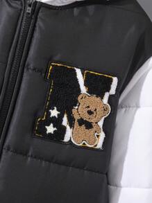 SHEIN 青少年男孩休闲校园字母印花图案保暖衬里缝制徽章拼接袖连帽加厚编织冬季外套，绗缝外套 - 黑與白 - 查看 4