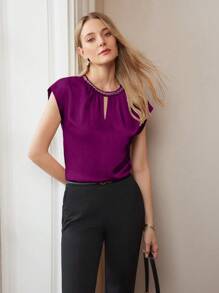 MOTF PREMIUM ÁO BLOUSE CỔ LỖ KHÓA CHI TIẾT DÂY CHUYỀN - Màu tím - Xem 3