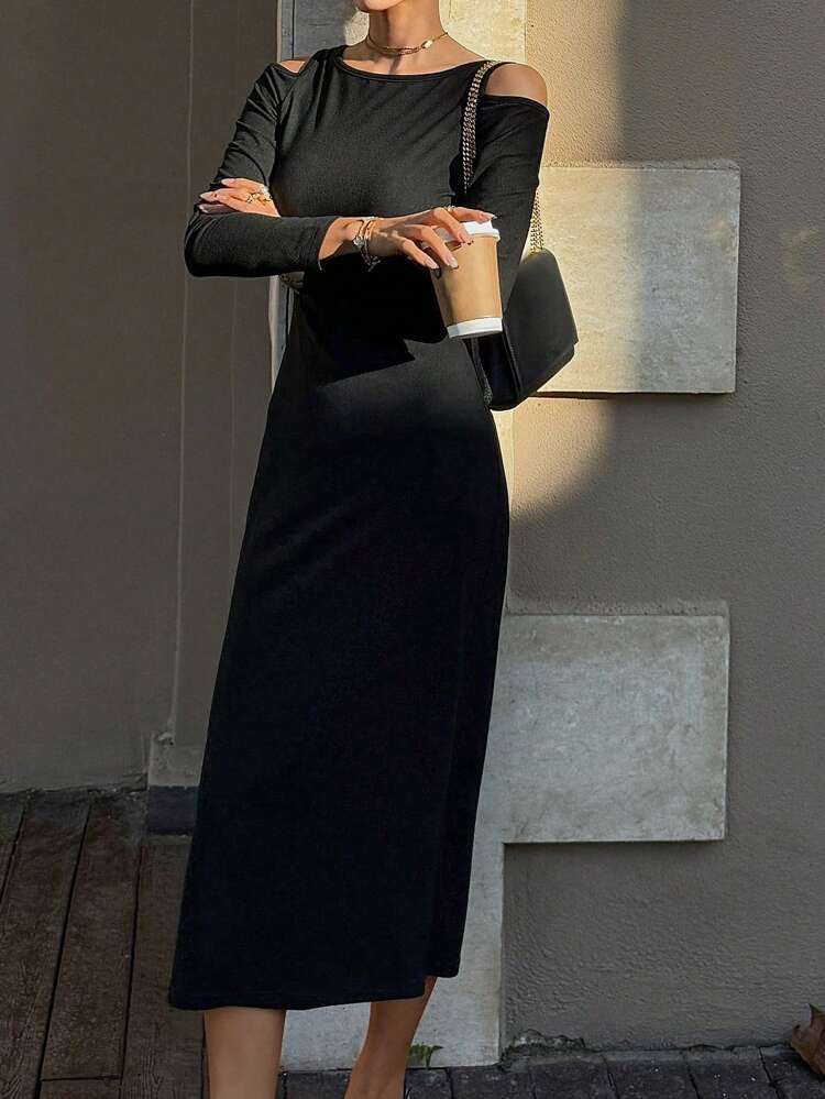 Solid Color Open Shoulder Long Sleeve Bodycon Dress For Women,Fall Dress