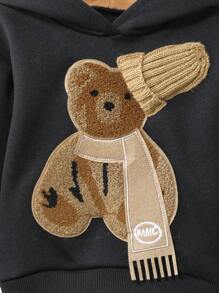 SHEIN 2pcs Baby Boys Casual Sports Streetwear Cute 3D Bear Embroidered Hooded Top And Pants Set, Warm Thick For Autumn/Winter Outdoor