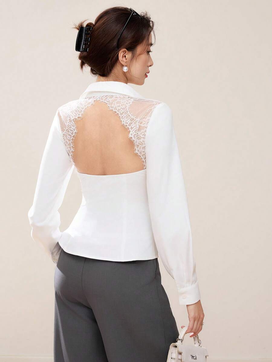 EastFlair 白色对比蕾丝露背长袖衬衫