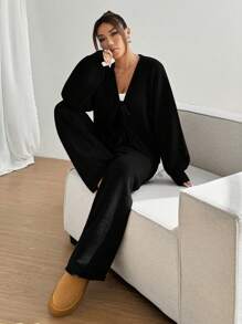 SHEIN Unity 2 件套休闲纯色系带开衫和裤子套装 - 黑色 - 查看 3
