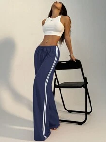 FavEase Contrast Stripe Drawstring Waist Straight Pants Fall Cloth For Women - Navy Blue - View 3