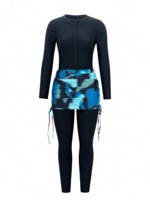 Swim Mulvari 2 件套 2024 泳衣，肩部褶皱适度长袖和裤子泳装，保守海滩罩衫布基尼夏季阿拉伯服装 - 黑色 - 查看 6