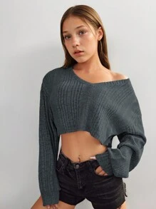 SHEIN 感恩节女孩秋季服装 V 领落肩罗纹针织短款 T 恤