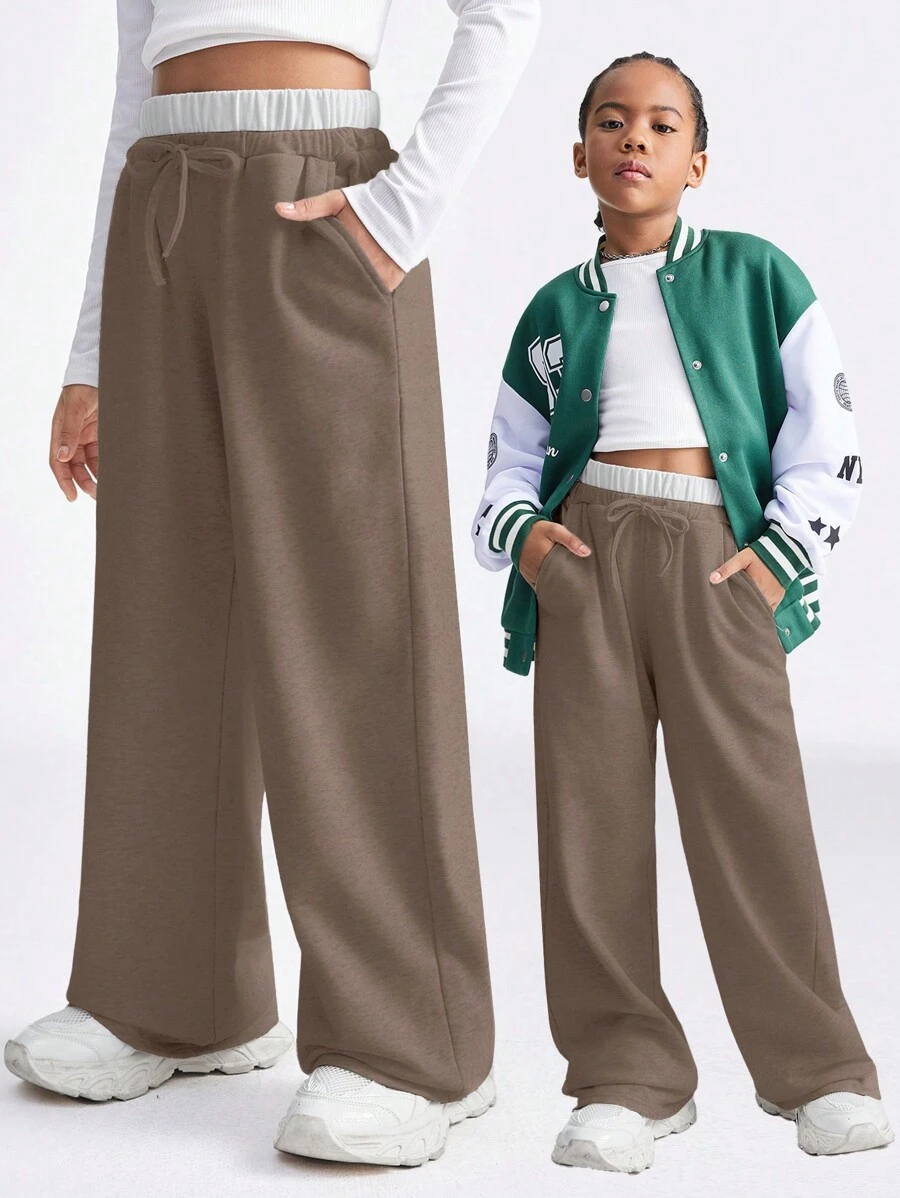 SHEIN Tween Girls' Casual Drawstring Simple Gray Jogger Pants For Daily Wear - Brown - View 1