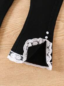 Nieuwe stijl meisjes kleine kinderen peuter jonge meisjes lente herfst feest jeans, casual slim fit flare jeans met geborduurde rand decoratie, klassieke comfortabele stretch zwarte denim broek, trendy stijlvol voor jonge meisjes