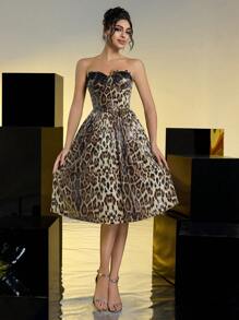 SHEIN Belle Vestido elegante y lujoso de gala de línea A con estampado de leopardo de lentejuelas, vestido para invitada de boda