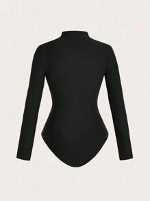 SHEIN LUNE Bộ đồ liền thân màu trơn đơn giản dành cho nữ có khóa kéo phía trước, mùa thu - màu đen - Xem 2