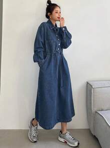 DAZY 女式收腰领衬衫连衣裙搭配牛仔裤 - 中等水洗藍 - 查看 3