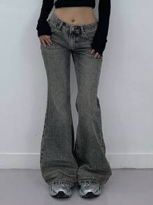 DAZY 女式前扣口袋休闲喇叭腿牛仔裤