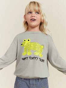 SHEIN 年轻女孩圆领长袖图案印花简约 T 恤，休闲日常穿着 - 灰色 - 查看 4