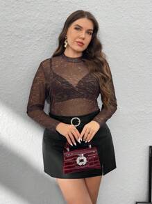 SHEIN Privé Plus Size Leopard Print Brown Sheer Mesh Knit Cami Top, Elegant For Valentine Party