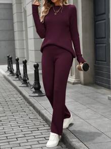 SHEIN LUNE Bộ 2 món áo nữ tay raglan dài tay và quần ống rộng xẻ tà, thích hợp mặc mùa thu/đông, ngày lễ tình nhân. - Màu Đỏ Sâu - Xem 1