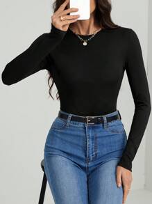 SHEIN Tall 女士纯色圆领长袖休闲修身黑色紧身衣 - 墨綠色 - 查看 7