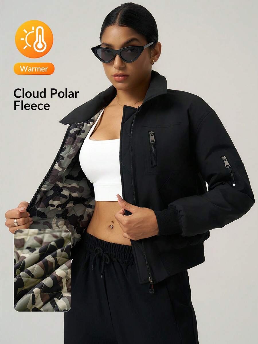 Women's Camouflage Winter Lined Zip-Front Sport Padded Coat - Black - View 1