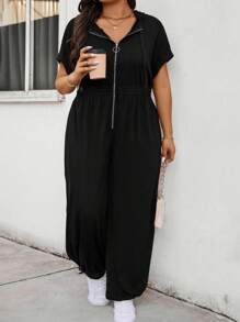 SHEIN CURVE+ Plus Size Black Hooded & Cinched Waist Jumpsuit - Black - View 3