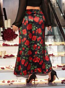 Celure Plus Size Rose Flower Print Romantic Elegant High Waist Flared Skirt
