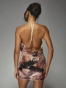 MISSGUIDED Vestido mini con lentejuelas, escote pronunciado, cuello de capucha, ajustado, para fiesta, club, salida nocturna, cuello halter, espalda descubierta, vacaciones, Año Nuevo, vestido con brillo invernal - Rosa vieja - Ver 2
