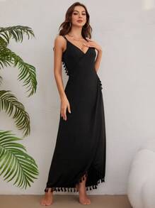 Swim Vcay 流蘇邊圍裹下擺和服罩衫 - 黑色 - 查看 6