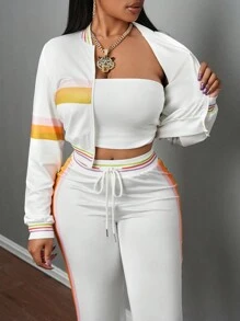 Slaydiva 女士秋冬条纹长袖拉链领棒球夹克和抽绳腰裤休闲套装 - 彩色 - 查看 8