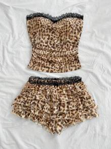 Soleia Conjunto de top tubo de punto con estampado de leopardo y shorts mini con volantes en múltiples capas para mujer, para vacaciones y fiestas - Multicolor - Ver 4