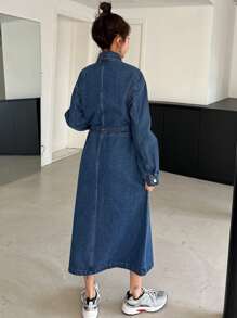 DAZY 女式收腰领衬衫连衣裙搭配牛仔裤 - 中等水洗藍 - 查看 5
