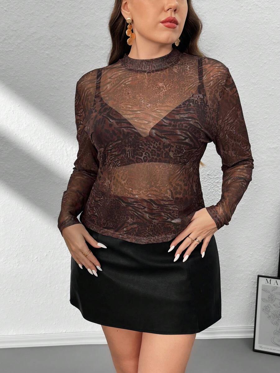 SHEIN Privé Plus Size Leopard Print Brown Sheer Mesh Knit Cami Top, Elegant For Valentine Party