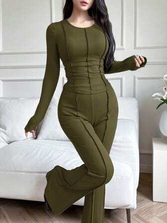 Feyla 2pcs Women Solid Color Round Neck Long Sleeve Simple Blouse And Pants Set 2 Pieces Set