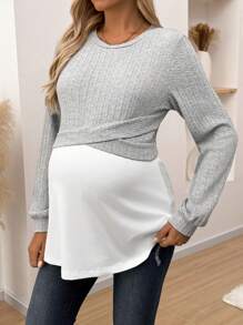 SHEIN Maternity Autumn Casual Color Block 2 In 1 Sweatshirt
