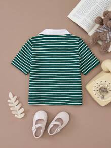 PrepCrw Young Girls Green And White Striped Collared Knit Form-Fitting Short Sleeve T-Shirt, Spring/Autumn - Green - View 2